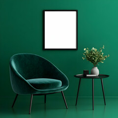 Green room, armchair, side table, mockup