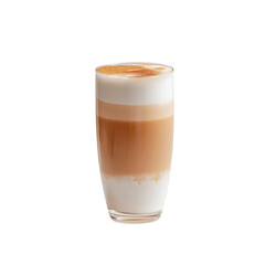 A layered latte coffee drink with a dusting of cinnamon in a clear glass.