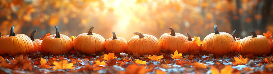 Naklejka premium Autumn background with mini pumpkins and wooden table, top view banner for seasonal design