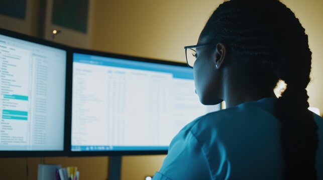 A healthcare professional analyzes data on dual monitors in a focused environment.