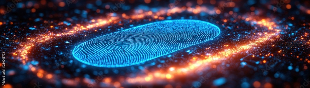 Poster close up of a fingerprint set against a dark background highlighting unique patterns and details