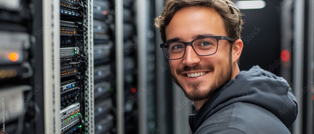 Poster smiling man standing in front of server racks in a data center with technology equipment in backgrou
