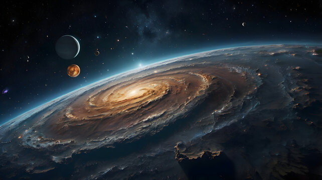 an astronaut floating in space against a backdrop of a massive black hole and swirling nebula. The scene is filled with wonder, awe, and the vastness of the cosmos.