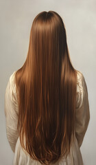 Naklejka premium Elegant image of a woman with long, straight hair, showcasing smooth, silky strands with a sleek and polished appearance. These visuals highlight beauty, hair care, and modern fashion aesthetics.