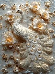 White peacock floral relief, ornate background, home decor