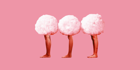 Minimalistic absurd collage. legs emerge from rise balls against pink background, symbolizing light...