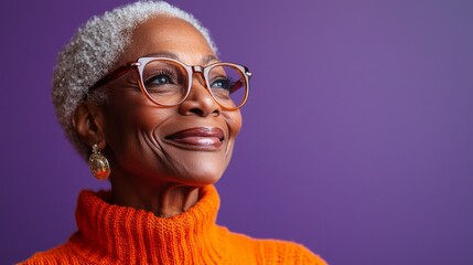 This heartwarming moment captures a cheerful senior black woman, wearing a vibrant orange sweater and stylish glasses, radiating positivity and warmth