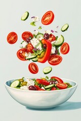 A fresh salad in a white bowl with vividly colored tomatoes and cucumbers, suggesting a healthy, refreshing meal.