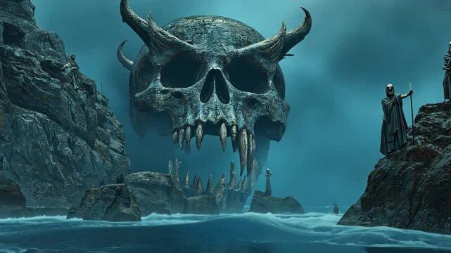 An island where sirens with skeletal faces lure sailors to their doom. The cliffs resemble a grinning demon skull, and eerie chants echo through the misty air