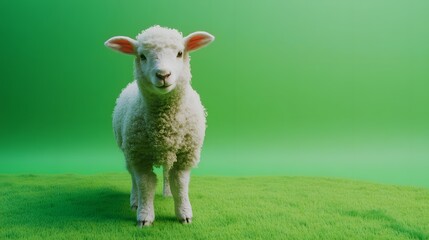 Fototapeta premium Cute fluffy lamb standing on vibrant green grass background
