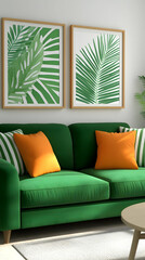 Green sofa, tropical prints, bright room