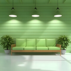 Green sofa in light room, plants. Interior design