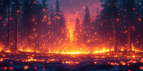 Fototapeta premium Forest engulfed in flames as wildfires spread rapidly during twilight hours creating a dramatic visual spectacle