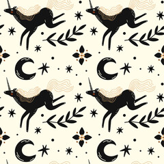 Abstract folk art seamless pattern with vector illustration of various woodland leaf branch, flower, unicorn, sun and moon in retro cartoon ethnic scandinavian boho style, aesthetic.  © WeirdyTales