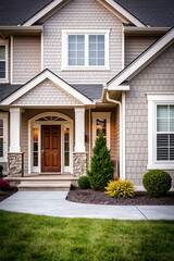 Obraz premium Luxury Home Exterior: Modern House Design with Gray Shingles, Stone Accents, and Landscaped Garden