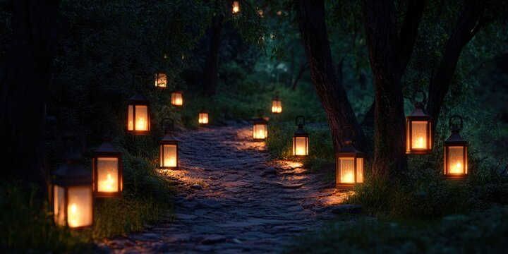 A serene forest pathway lit by hundreds of candles at night, offering a mystical and tranquil experience for visitors.