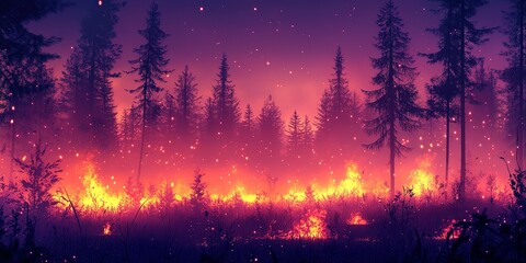 Wildfire engulfs forest with vibrant flames under a twilight sky and smoke rising in the air