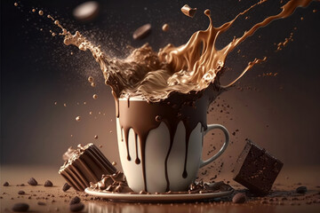 Hot chocolate splashing out from a white cup mug on dark background. Generative AI