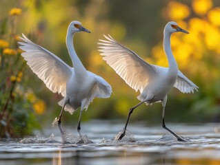 Obraz premium Two elegant white egrets gracefully walking in shallow water with spread wings