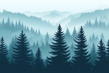 Fototapeta premium Foggy Forest with Tall Spruce Trees in Dark Silhouette