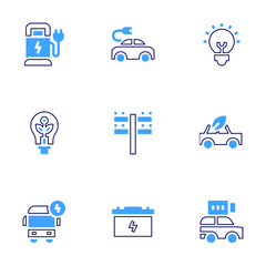 Electricity icon set. Bold line style. Duotone colors. Editable stroke. car battery, electric bus, idea, eco car, eco electric, electric car, electric pole, charging point