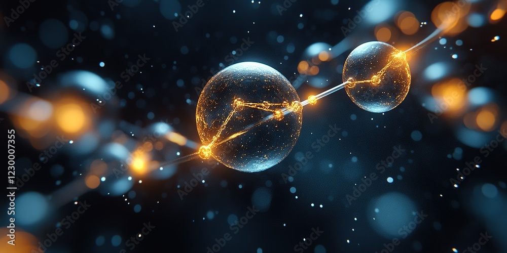 Poster abstract visualization of interconnected glowing particles in a dark cosmic background showing scien