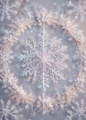 Intricate snowflakes in a circular border with soft pastel colors and gentle texture ,  winter,  illustration,  festive