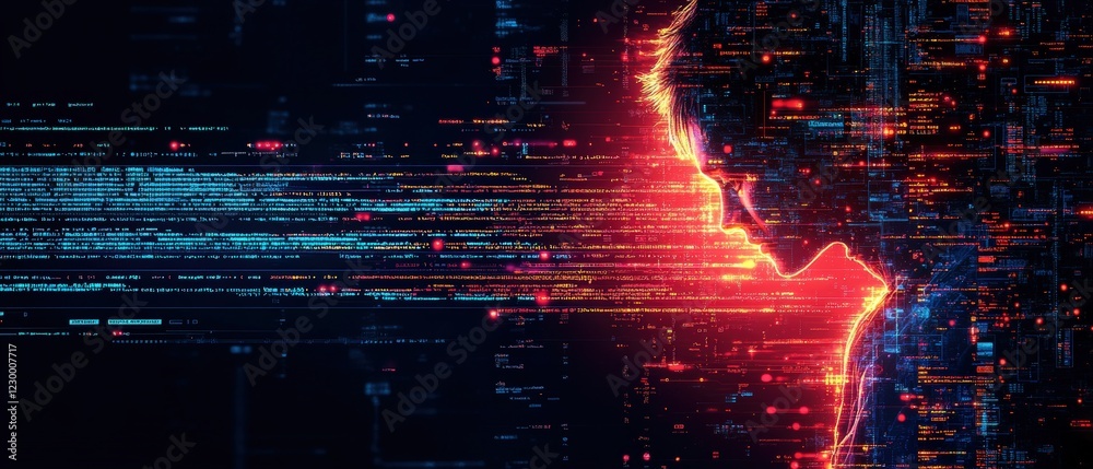 Poster computer screen displaying vibrant red and blue abstract background design with digital elements