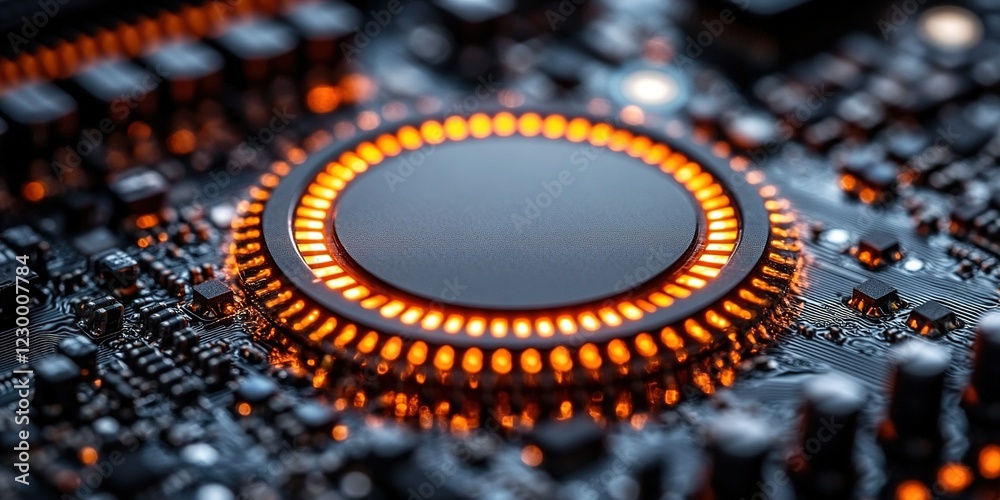 Poster close-up view of a glowing circuit board component highlighting intricate hardware design and techno