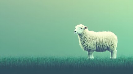 Soft White Sheep Standing Gracefully on Green Pasture Background