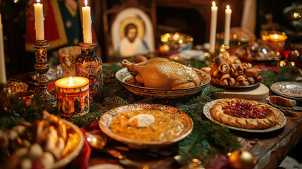 Cozy Traditional Russian Orthodox Christmas Feast with Festive Table Setting and Delicious Dishes