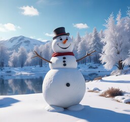 Obraz premium Jolly snowman in a winter wonderland, standing amidst snow-covered trees, frozen lake, and rolling hills, with a bright blue sky , rolling hills, serene scenery, happy snowman