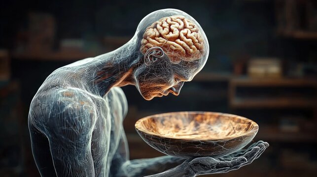 Pensive man, exposed brain, holding bowl, dark workshop background; mental health concept