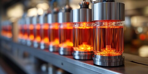 Production process of vibrant orange liquid in glass containers along industrial conveyor belt
