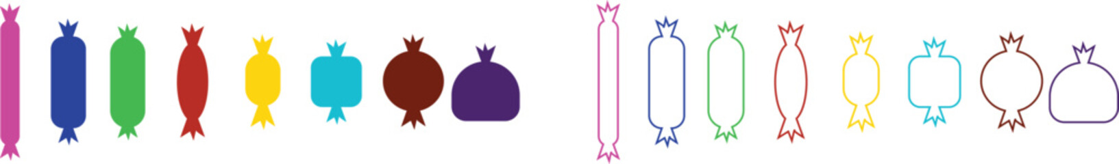 Sweets and candy icon set. Chocolate bars, caramel, toffee and lollipop on sticks, marmalade bears. Confectionery shop elements for birthday kids present cartoon flat isolated vector collection.