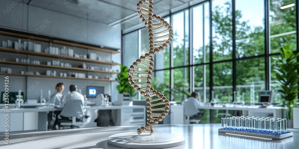 Poster laboratory scene highlighting a dna double helix model with scientists working in the background dur