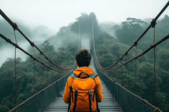 A climber hesitating to cross a shaky wooden bridge on a mountain trail, clutching the ropes tightly