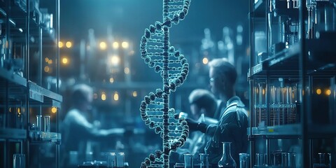 Research team conducts genetic experiments in modern laboratory environment during late hours