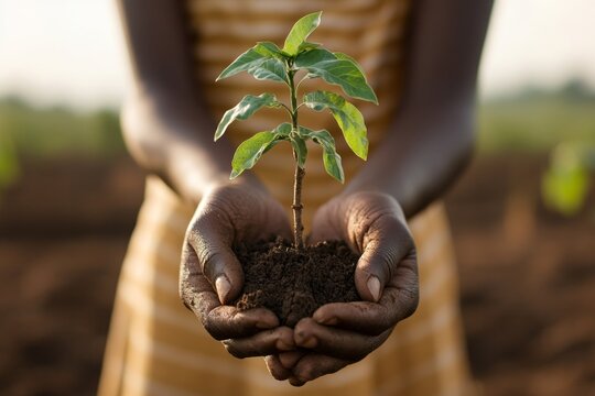 A close-up of hands planting a small tree in the soil, symbolizing renewable practices and reforestation efforts