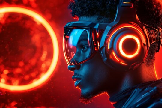 A competitive gamer playing at a high level, with a focused expression and complex gameplay displayed on a screen