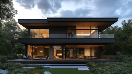 Modern contemporary house, cantilever design, two-story structure exterior. Greenery and sky.