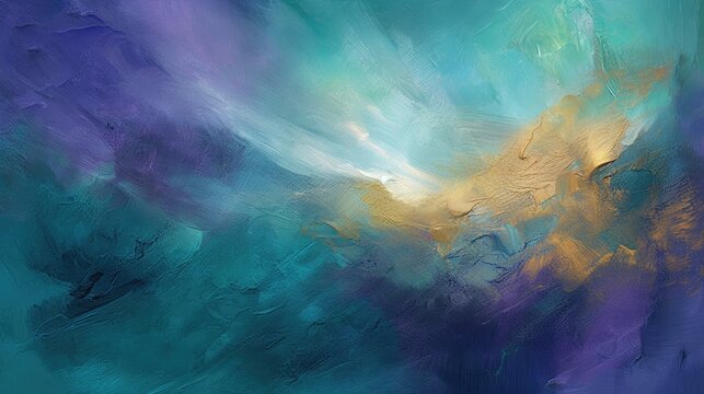 Luxurious oil painting, abstract background with a reach color palette of teal, blue, green, purple, white and gold colors