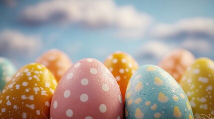 This image depicts a large group of vibrant Easter eggs with polka dots, ready to celebrate the festive holiday. They come in different colors and styles, suitable for any Easter festivities.