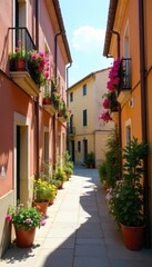 Narrow alley, overflowing flower boxes, sunlit facade , holiday, door, village