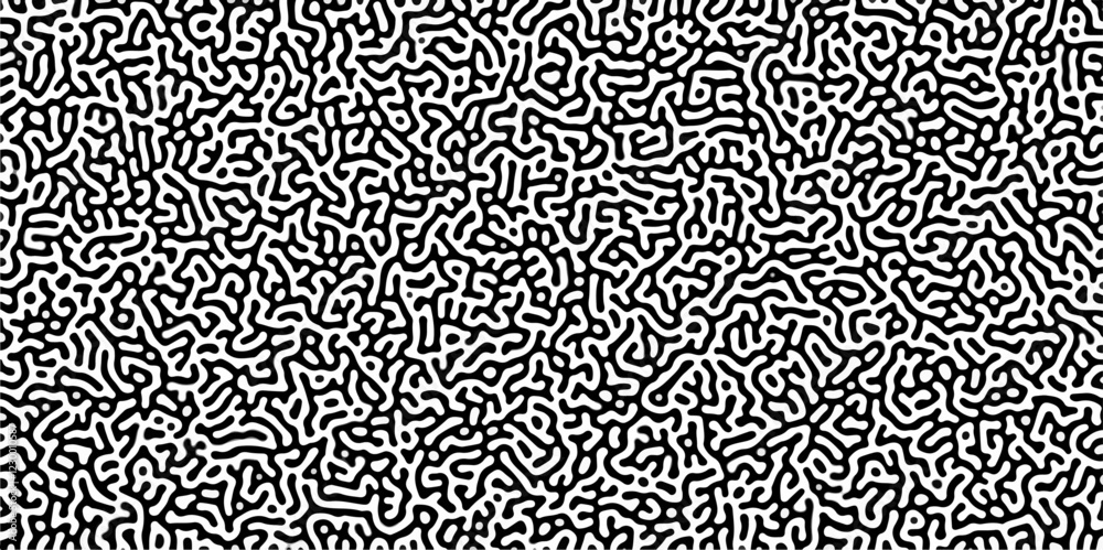 Poster Turing reaction diffusion monochrome seamless pattern with chaotic motion .Linear design with biological shapes. Organic lines in memphis. abstract turing organic wallpaper background .	