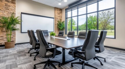 Modern Conference Room with Large Windows and Stylish Furniture