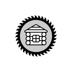 Log wooden house icon and logo and circular saw blade. Isolated vector illustration on white background.