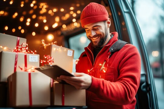 A delivery driver efficiently sorting packages in a van, with a clipboard and neatly labeled boxes