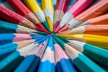 Fototapeta premium Close up of a set of colorful sharpened pencils forming a circle, capturing the beauty and vibrancy of art supplies