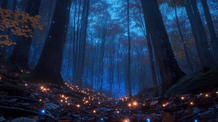 Enchanted Forest Pathway with Glowing Lights and Mystical Atmosphere in Deep Blue Twilight